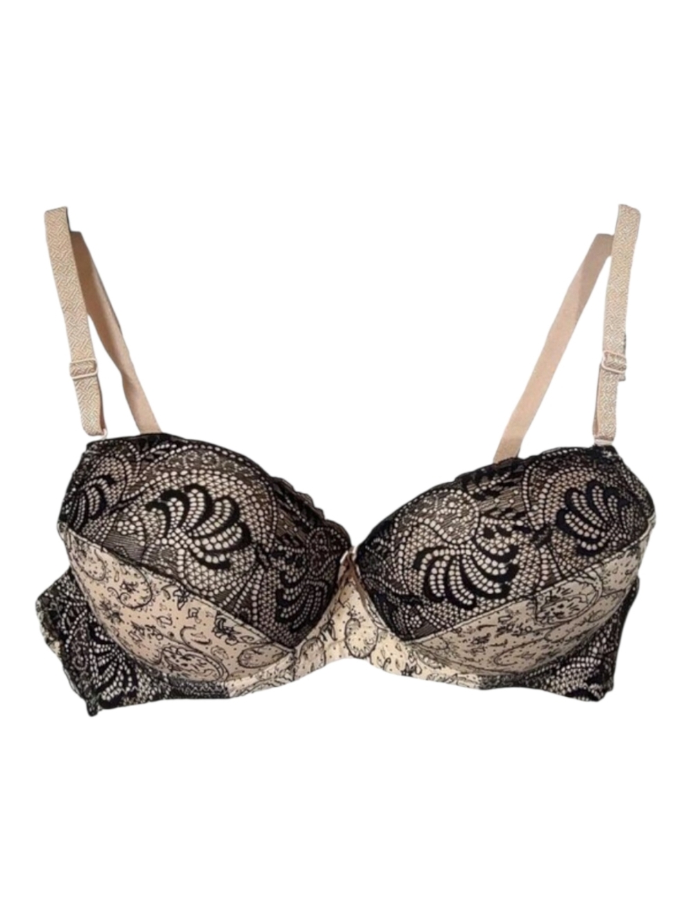 Beige Black Lace Trim Underwired Padded Bra Removable Convertible Strap 36B